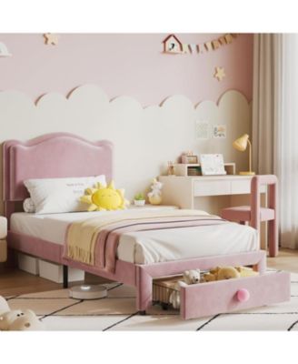 Upholstered Twin Bed Frame with Storage Drawer & Scallop Headboard, Princess Twin Size Platform Bed Frames