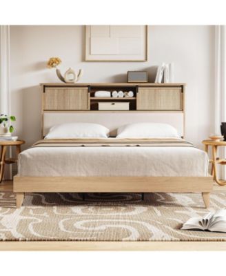 Rattan King Bed Frame with Headboard & Storage Shelves, Boho Rattan Bed Frame King Size, Solid Wooden Bed Foundation with Sliding Door Shelf