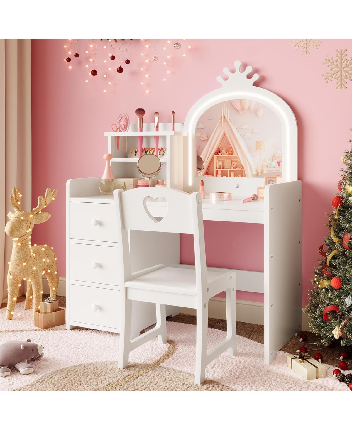 gaomon Kids Vanity Desk with Mirror and Lights, Princess Wooden Makeup Vanity with Chair, Storage Shelves and Drawers