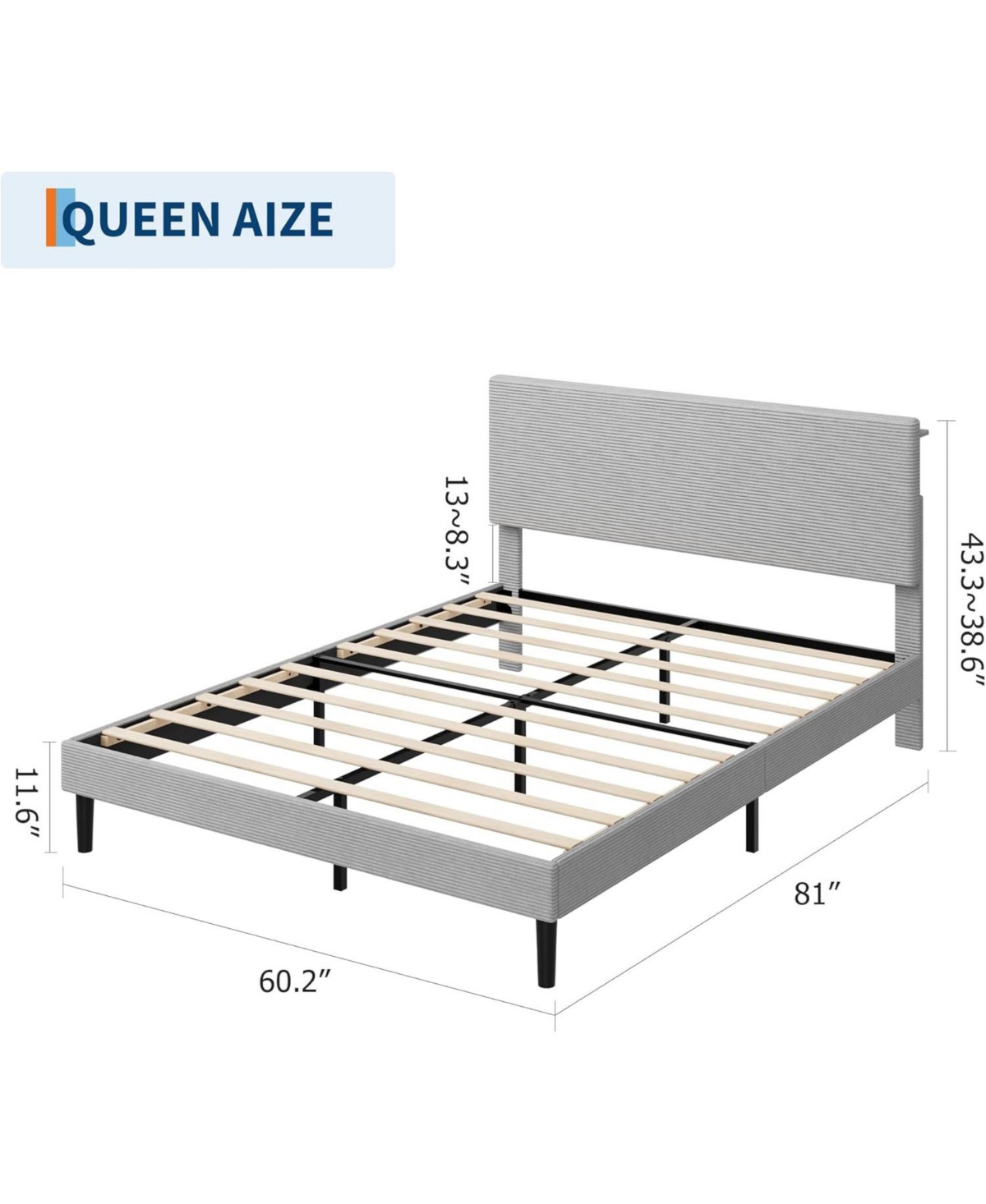 gaomon Bed Frame with Charging Station, Corduroy Upholstered Platform Headboard and Storage Shelf, Solid Wood Slats