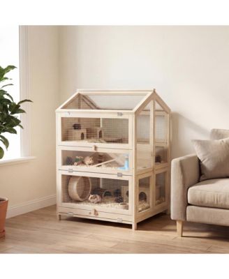 Wooden Hamster Cage 3 Tier with Pull-Out Tray, Hut, Seesaws, Ramps