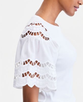 Women's Eyelet Puff Sleeve Ribbed Knit Top