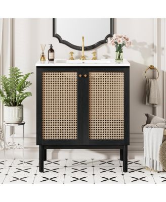 Modern Bathroom Vanity with Ceramic Sink, Bamboo & MDF, Soft Close Rattan Doors,  Freestanding Storage Cabinet for Small Spaces