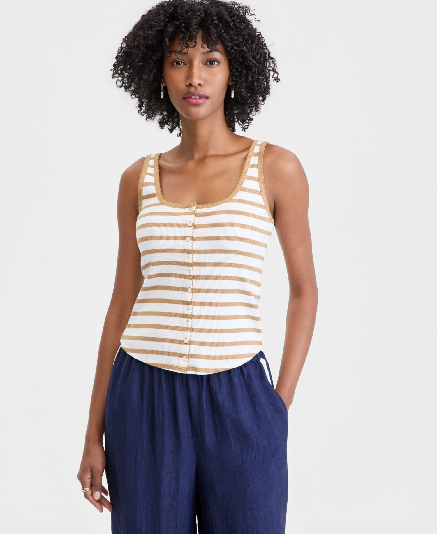 Women's Button-Down Contrast-Stitch Rib Tank Top