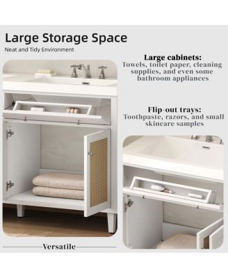 60" Double Sink Bathroom Vanity, Modern Solid Wood Freestanding Cabinet with SMC Top, Rattan Doors & Flip-Out Tray