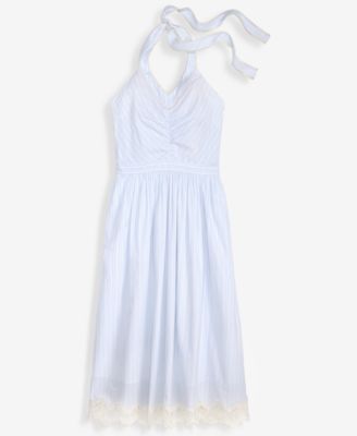 Women's Cotton Maritime Stripe Halter Lace-Trim Midi Dress