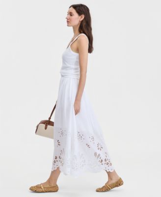 Women's Cotton Solid Eyelet Midi Skirt
