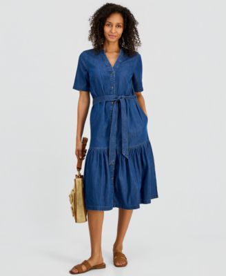 Women's Denim Midi Tiered Dress