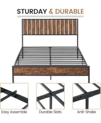 Full Size Bed Frame with Wooden Headboard, Metal Platform Bed with 14 Heavy-Duty Slats, Durable, Noise-Free, No Box Spring Required