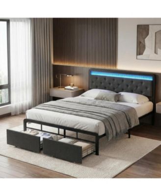 Full Bed Frame with 2 Storage Drawers, Button Tufted Headboard and LED Lights