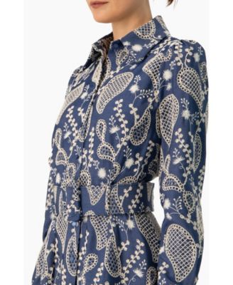 Women's Long Sleeve A-Line Dress with Floral Embroidery