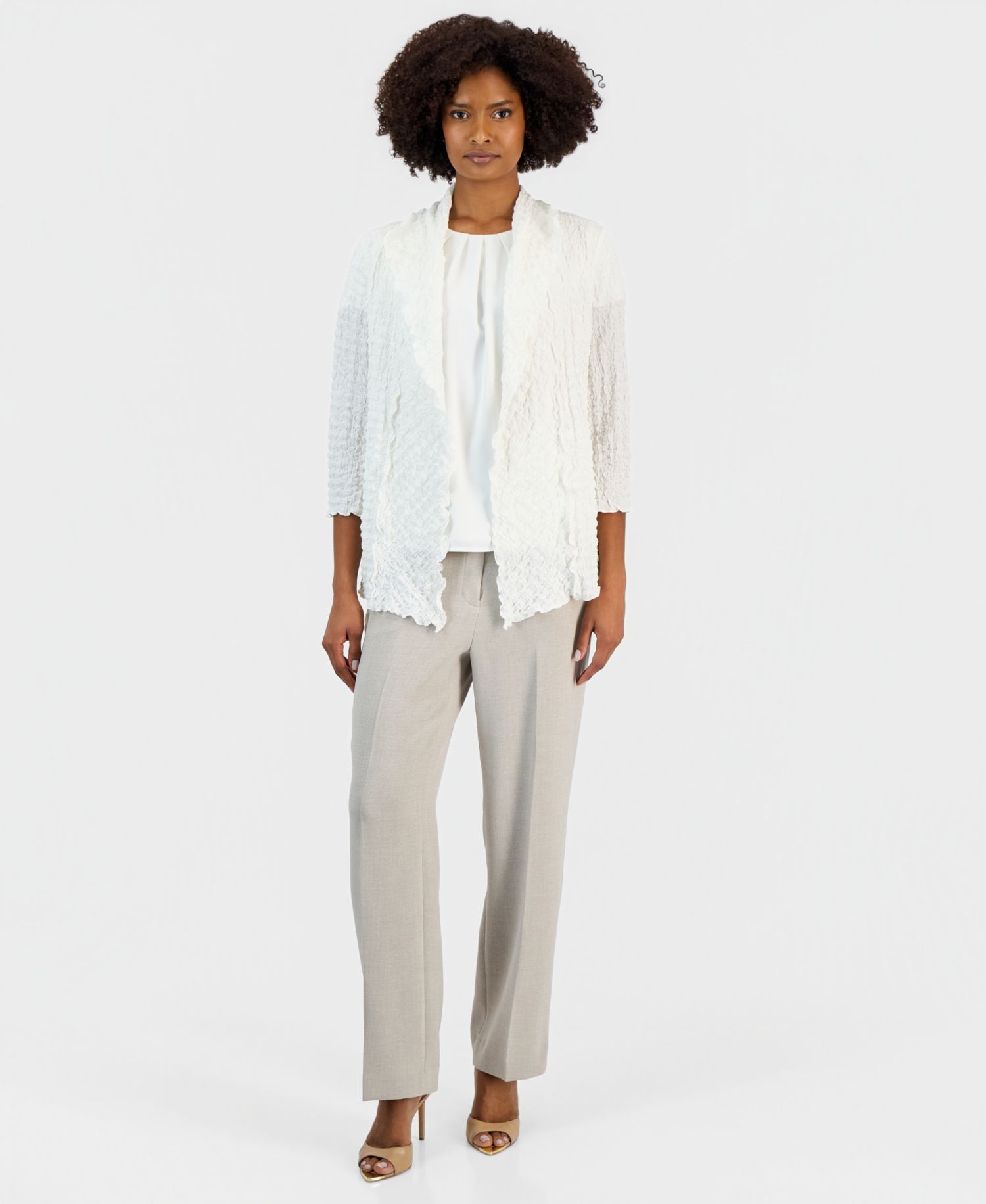 Women's 3/4-Sleeve Crinkle Knit Open-Front Jacket