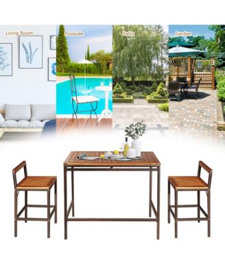 3PCS Patio Bar Set Dining Set Outdoor Furniture Set w/ Wooden Tabletop