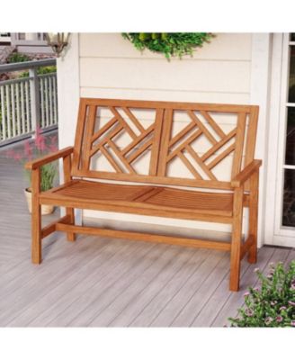 2 Person Wood Outdoor Bench with Geometric Backrest