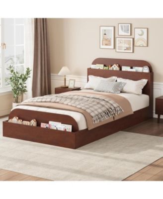 Twin-XL Bed Frame Wooden Storage Headboard Low Platform Sturdy Slats No Box Spring Space-Saving