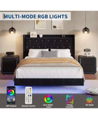 Queen Floating Bed Frame LED Lights Velvet Upholstered Platform Storage Headboard No Box Spring Noise-Free
