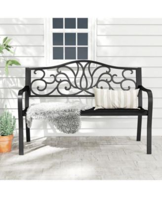 Outdoor 50 Inch Patio Bench with Floral Design Back and Slats