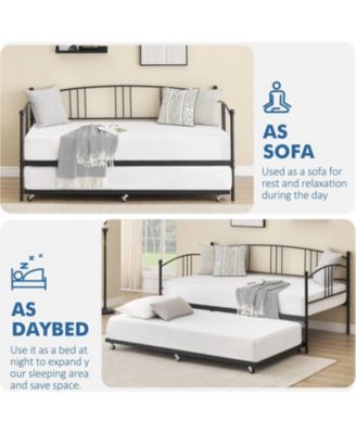 Daybed with Trundle, Sturdy Metal Day Bed with Steel Slat Support, Trundle Bed Twin with Arched Headboard, SofaBed for Living Room, Bedroom.