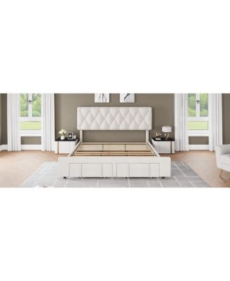 King Bed Frame Diamond Tufted Headboard Upholstered Platform Storage Drawer Wooden Slats Noise-Free No Box Spring