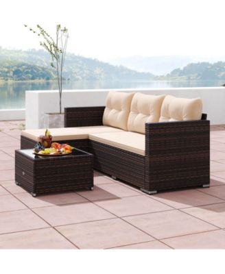 4 Seats Outdoor Wicker Furniture Set with Tempered Glass Coffee Table & Soft Cushions