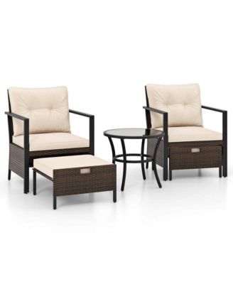 5 PCS Outdoor Furniture Set Rattan Chairs & Ottomans with Glass Topped Coffee Table