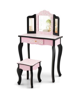 Kid Vanity Set Wooden Makeup Table Stool Tri-Folding Mirror