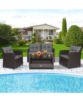 8 PCS Patio Rattan Furniture Set Glass Table Shelf Sofa Cushion