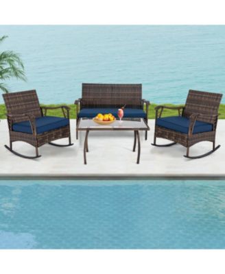 4 PCS Wicker Rocking Set with Loveseat & Coffee Table Heavy-Duty Metal Frame