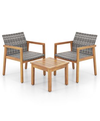 3 PCS Outdoor Furniture Set, Acacia Wood Frame Sofa Set with Rattan Seat
