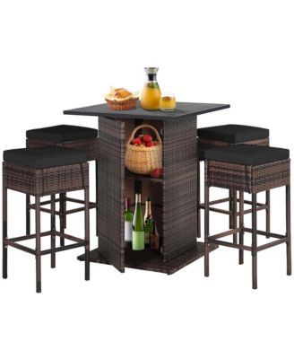 5PCS Patio Rattan Bar Table Stool Set Hidden Storage Shelf Cushion