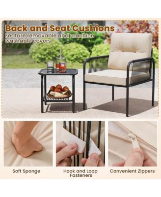 3 PCS Patio Bistro Set with Tempered Glass Table Chairs Back and Seat Cushions