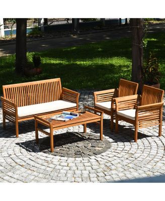 4 PCS Outdoor Acacia Wood Sofa Furniture Set Cushioned Chair Coffee Table Garden