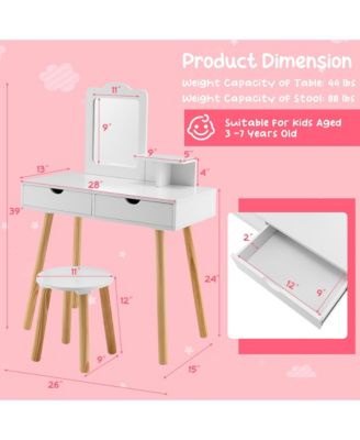 Kid Vanity Table Chair Set with Mirror Large Storage Drawers Wooden Legs