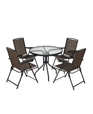 5PC Bistro Outdoor Patio Furniture Set Glass Table W/4 Folding Adjustable Chairs