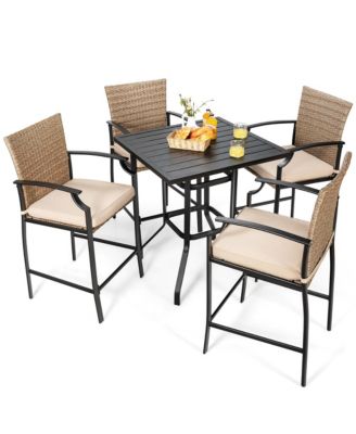 5PCS Outdoor Bistro Set Rattan Bar Stool Table Set with Cushions Steel Frame