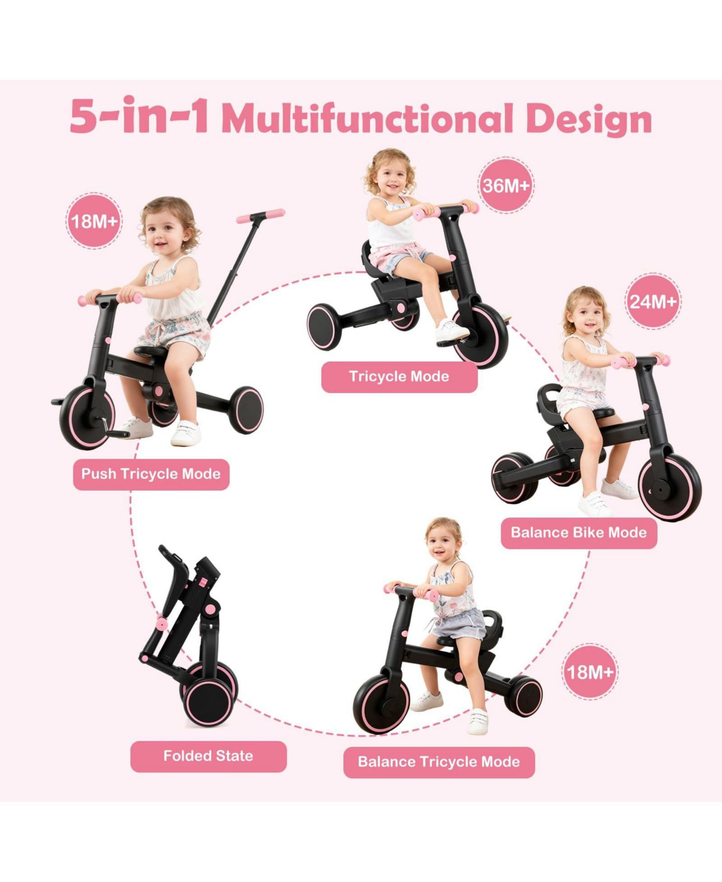 Детская игрушка Mecale 4-in-1 Foldable Tricycle With Push Handle, Ages 3+ — фото 4
