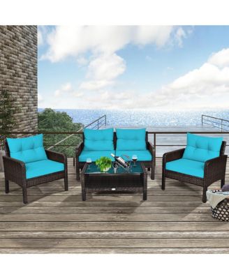 4PCS Patio Rattan Furniture Set Loveseat Sofa Coffee Table