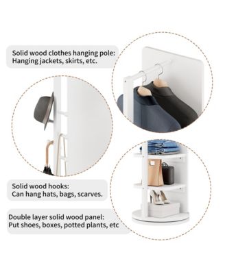 360° Rotating Full Length Mirror, Solid Wood Freestanding Coat Rack with Storage Hanger, Open Shelves for Living Room and Cloakroom