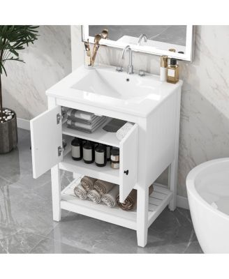24" Bathroom Vanity with Ceramic Sink, Solid Wood Frame, Open Shelf Storage for Modern Small Spaces