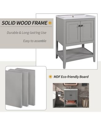 24" Bathroom Vanity with Ceramic Sink, Solid Wood Frame, Open Shelf Storage for Modern Small Spaces