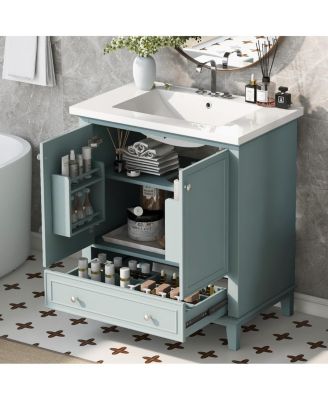 Bathroom Vanity with Ceramic Sink, Adjustable Shelf, Multi-Functional Storage, Solid Wood & MDF