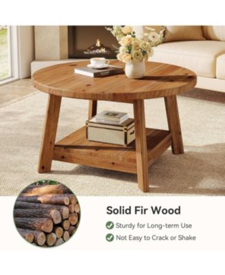 Solid Wood Round Coffee Table for Living Room, 31.5” Farmhouse Wooden 2-Tier Circle Center Cocktail Accent Table