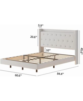 Wood Storage & LED Light Floating Bed Frame with Velvet Upholstered Wingback Headboard