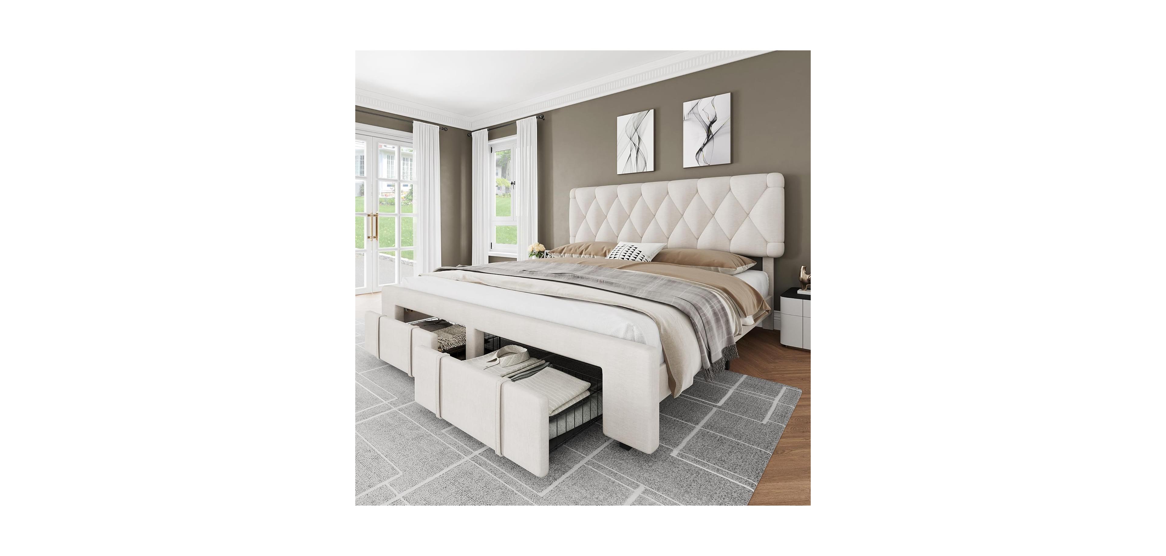 gaomon Upholstered Platform Bed Frame with Storage Drawers, Mattress Foundation Solid Wooden Slats Support