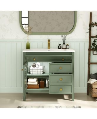 Bathroom Vanity with Sink, Medieval Glass Doors, Motion Sensor Lighting, Flip Drawer & Adjustable Storage for Modern Homes