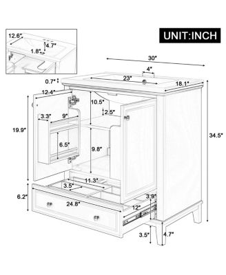Bathroom Vanity with Ceramic Sink, Adjustable Shelf, Multi-Functional Storage, Solid Wood & MDF