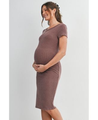 Women's Maternity Bodycon Ribbed Knit Short Sleeve Midi Dress