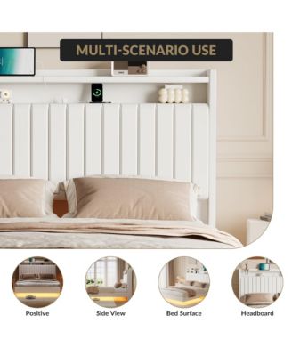 Floating Bed Frame Queen RGB LED Lights Charging Station 50 Headboard Leather Upholstered Platform No Box Spring
