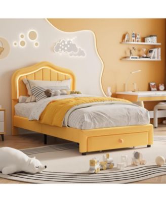 Twin LED Upholstered Bed Frame Storage Drawer Velvet Princess Platform Sturdy Wooden Slats Easy Assembly No Box Spring