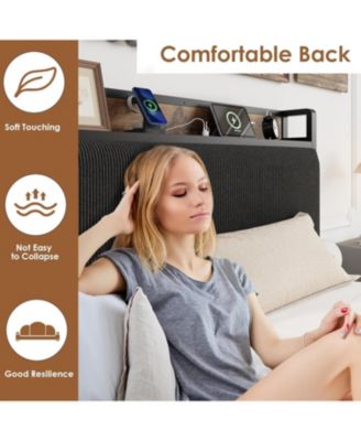 Bed Frame 2 Storage Drawers Charging Station Linen Upholstered Platform Headboard Heavy Duty Noise Free No Box Spring